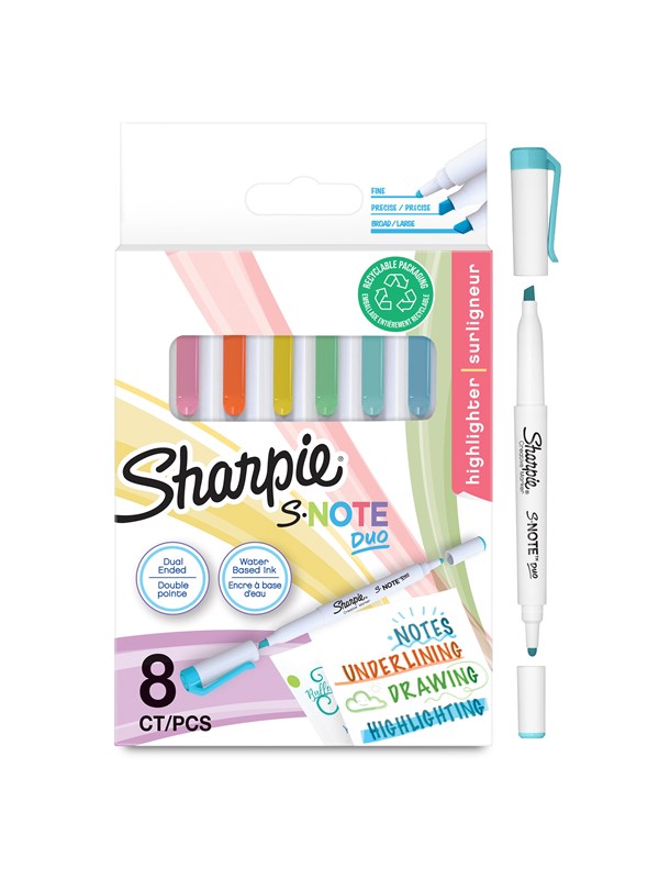 Sharpie S-Note Duo Highlighters | Kreative tusjer med to ender av pastell | Kule og bred spiss for fremheving, tegning, journalføring og mer | 8 stk