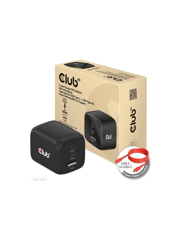 Club 3D CAC-1913 power adapter - GaN technology triple port - USB Type A 2 x USB-C - 65 Watt