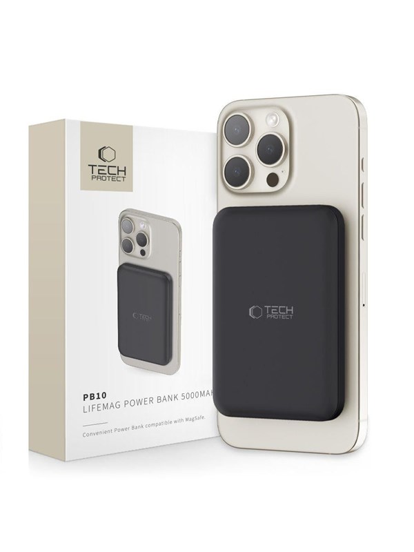 Tech-Protect LifeMag PB10 Power Bank with MagSafe 5000mAh 15W USB-C Port - Black + USB-C Cable Nødlader - Svart - 5000 mAh