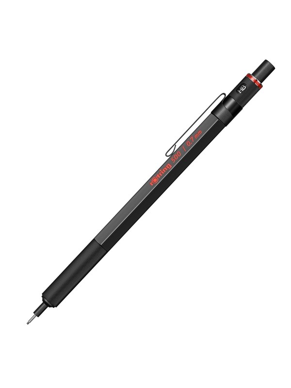 Rotring 500 Mechanical Pencil | 0.7 mm HB lead | Black hexagonal plastic barrel and non-slip textured metal grip