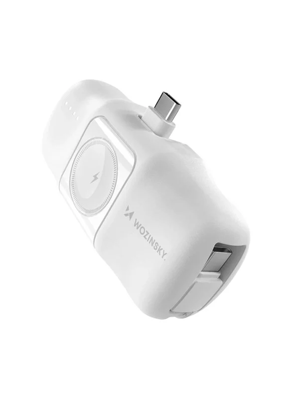 Wozinsky WF16-YCS 5000mAh 15W USB-C Mini Power Bank with Built-in USB-C Cable and Apple Watch Charger - White Nødlader - Hvit - 5000 mAh