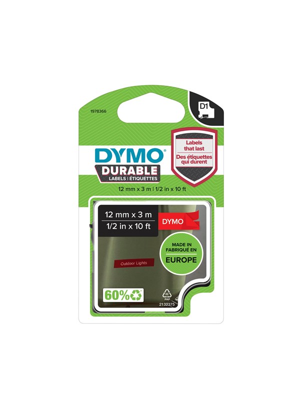 DYMO D1® High Performance / Durable tape, 12mm x 3m rull, hvit på rød
