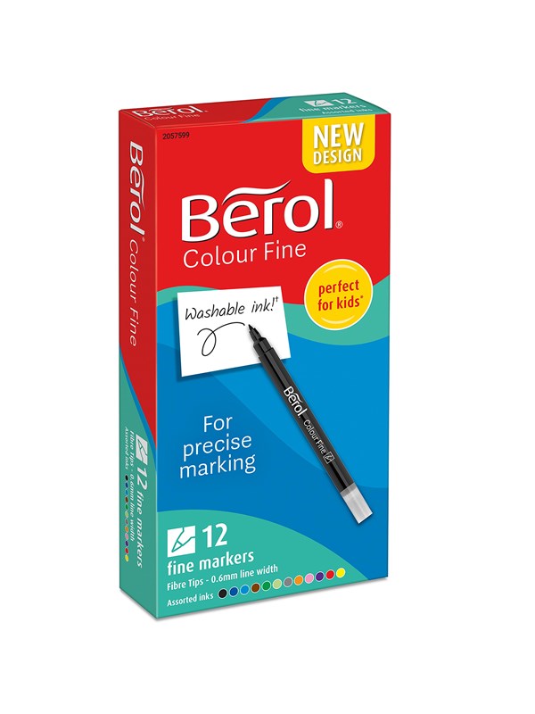Berol filtspiss fargetusjer, tynn spiss (0,6mm), vaskbar, assorterte farger, 12 stk.