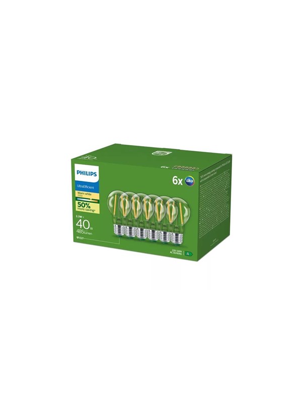 Philips LED filament-magnetisk lyspære Ultra Efficient A60 2,3W/827 (40W) Clear 6-pack E27