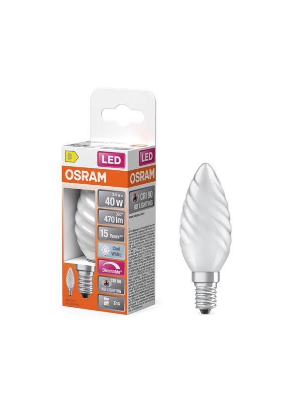 Osram LED-lyspære LED Comfort candle snoet frosted 470lm 3.4W/940 (40W) E14 dimmable E14