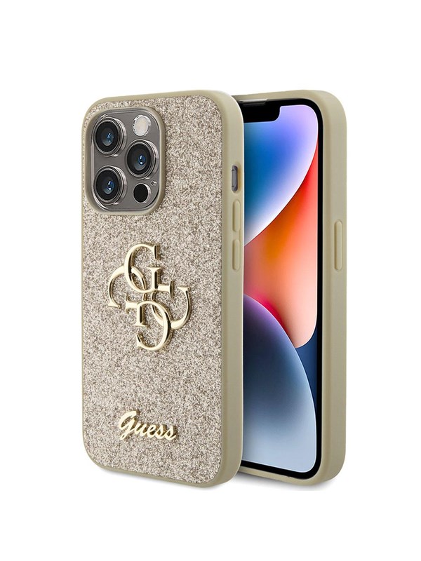 GUESS Glitter Script Big 4G iPhone 15 Pro Case - Gold