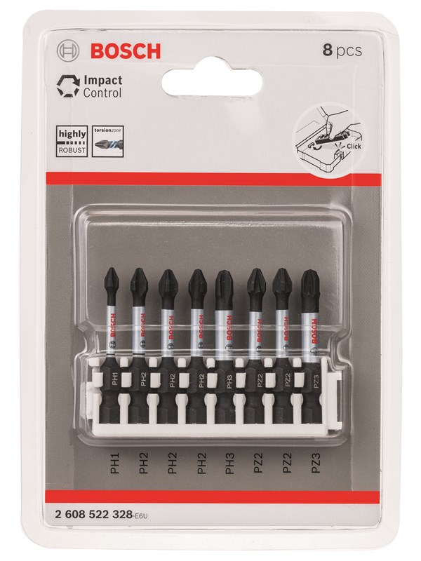Bosch Impact Control-skrutrekkerbits, pakke med 8 deler, 1xPH1, 3xPH2, 1xPH3, 2xPZ2, 1xPZ3