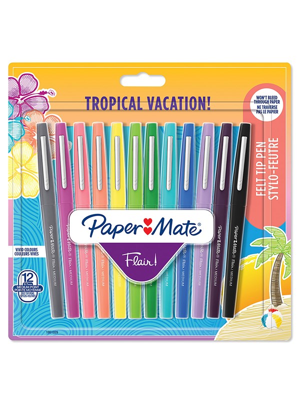 Paper Mate Flair Felt Tip Pens | Medium Point (0.7 mm) | Assorted Tropical Vacation Colours | 12 Count