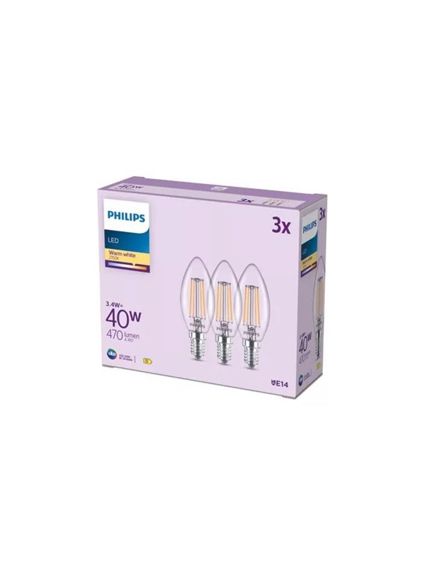 Philips LED-lyspære B35 3,4W/827 (40W) Clear 3-pack E14