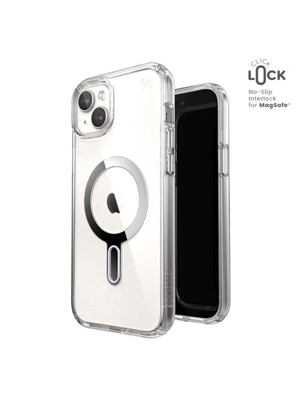 Speck Presidio Perfect-Clear ClickLock & Magsafe - iPhone 15 Plus / iPhone 14 Plus Case - Clear / Chrome Finish / Serene Silver