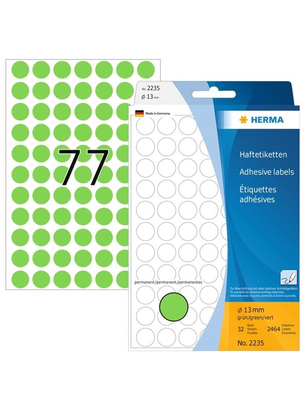 HERMA 2235 Multi-purpose labels / colour dots Ø 13 mm round green permanent adhesion for hand lettering