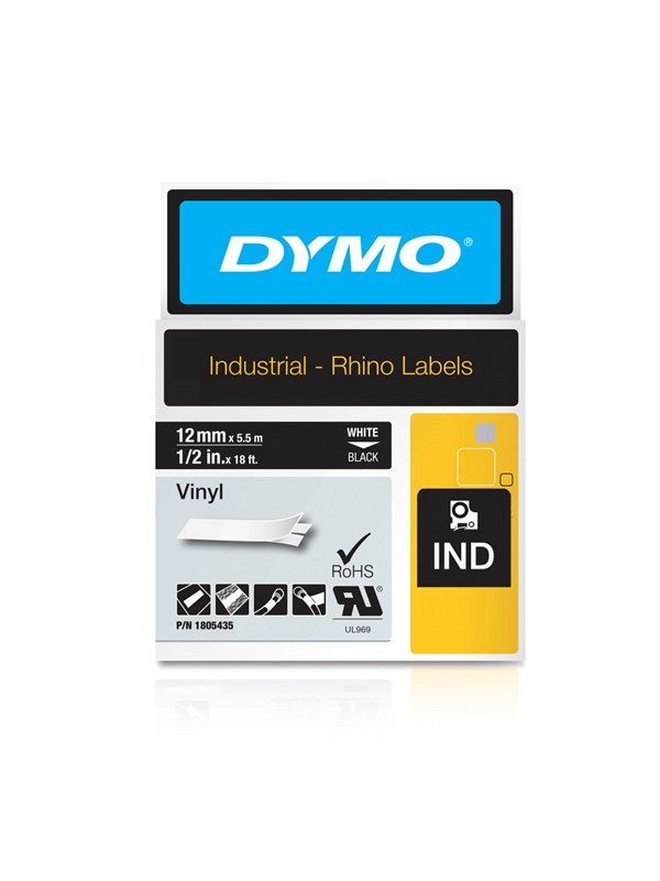 DYMO Rhino industri vinyl tape,12 mm x 5.5 m rull, hvit på sort