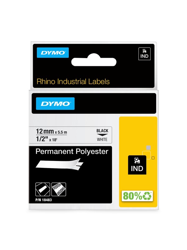 DYMO Dymo Rhino permanent polyester 12mm x 5.5m - sort på hvit