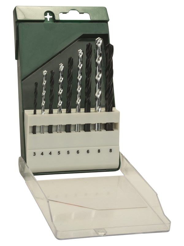 Bosch 9-delers bor-sett: Metall HSS-R/stein 3,0 mm x 61 mm; 4,0 mm x 75 mm; 5,0 mm x 86 mm; 6,0 mm x 93 mm; 8,0 mm x 117 mm; 4,0 mm x 75 mm; 5,0 mm x 85 mm; 6,0 mm x 100 mm; 8,0 mm x 120 mm