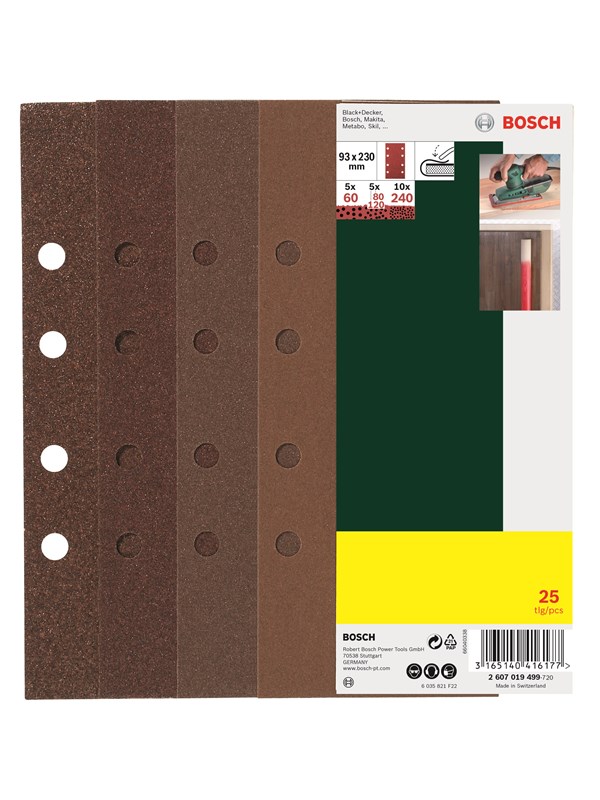 Bosch 25-delers slipepapirsett til plansliper, korning 60, 80, 120, 240 G= 60, 80, 120, 240, 8 hull