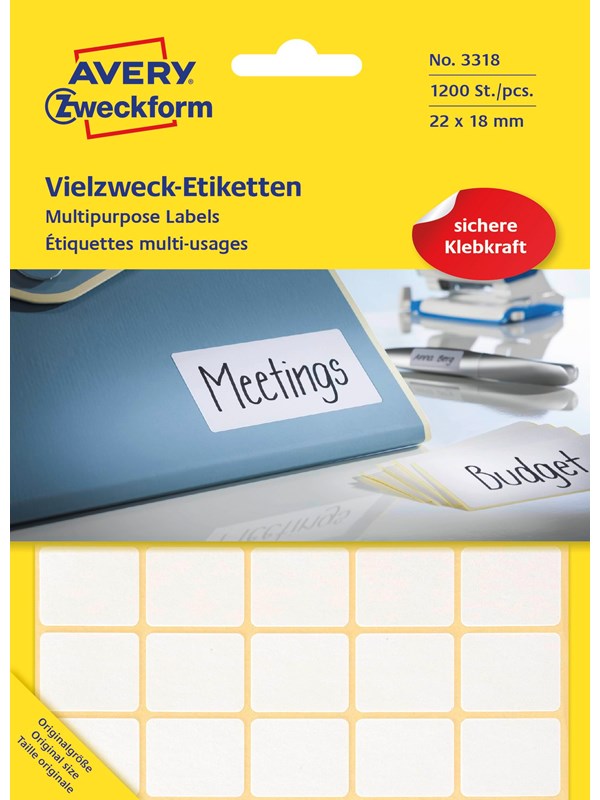 Avery Universaletiketter, 22 x 18 mm, 1.200 Etiketter, Hvit