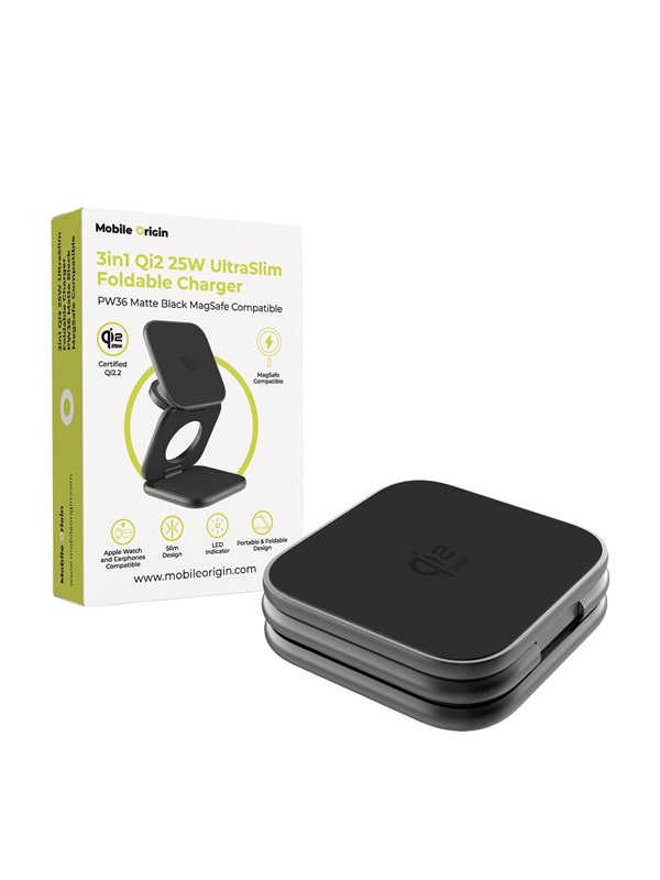Mobile Origin 3in1 Qi2 25W UltraSlim Foldable Charger PW36 MagSafe Compatible Matte Black