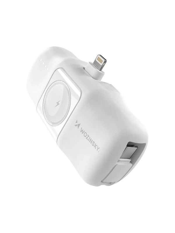 Wozinsky WF16-YLS 5000mAh 15W Lightning Mini Power Bank with Built-in USB-C Cable and Apple Watch Charger - White Nødlader - Hvit - 5000 mAh