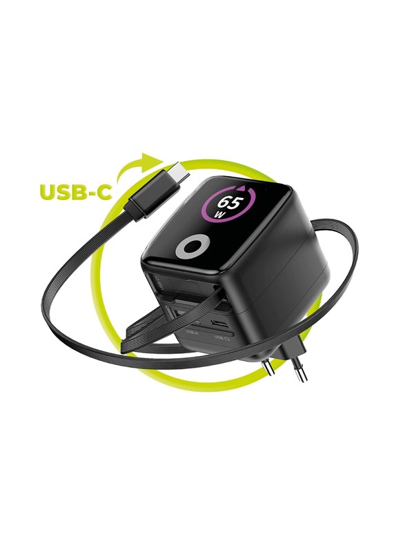 Mobile Origin 65W GaN Display Charger PW3 - USB-C Self-Retracting Cable + USB-C + USB-A