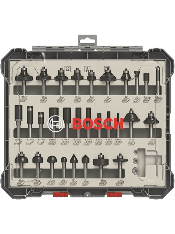 Bosch Sett med fresejern, 30 deler, blandet, 1/4" skaft 30-piece Mixed Application Router Bit Set.