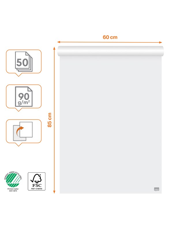 Nobo Premium Flipchart Paper Pad 600x890mm Reversible Plain or Gridded Paper 50 sheet 90gsm 1 Pack Rolled
