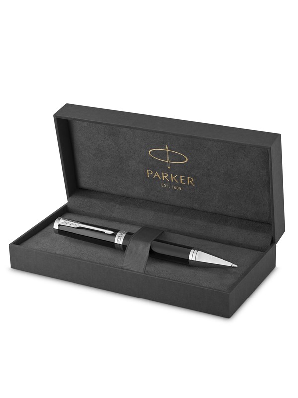 Parker Ingenuity kulepenn | Core Collection | Sort med kromdekor | Middels punkt med svart blekk | Gaveeske