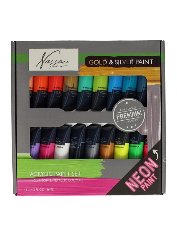 Nassau Acrylic Paint Fluorescent and Metallic Colors 18x36 ml