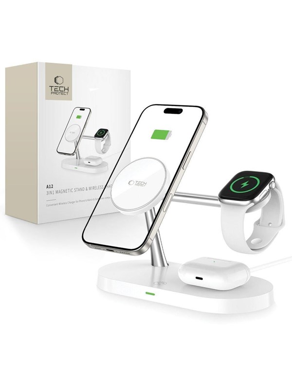 Tech-Protect  A12 3in1 MagSafe Inductive Charger for Smartphone / Headphones / Smartwatch - White