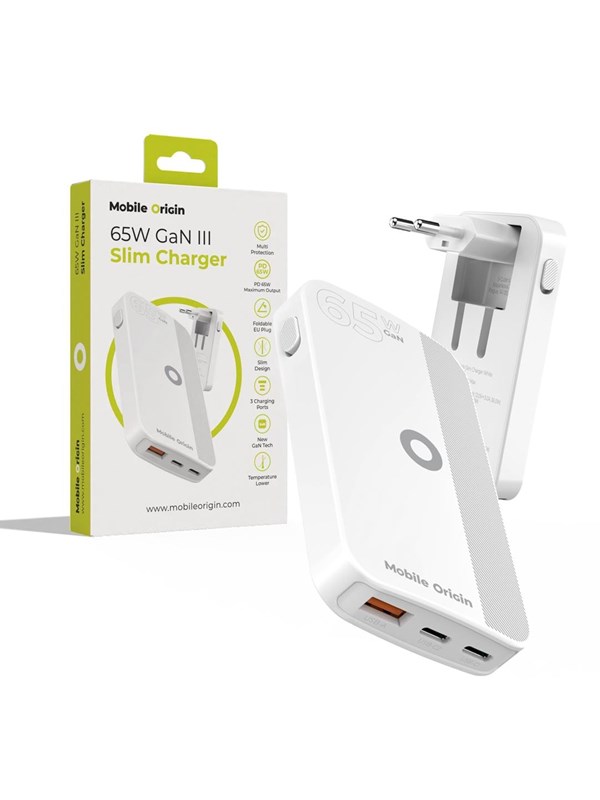 Mobile Origin 65W GaN III Slim Charger dual USB-C - Single USB-A white
