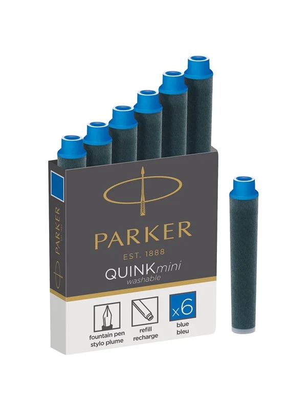 Parker Mini Fountain Pen Ink Refill Cartridges | Blue QUINK Ink | 6 Count