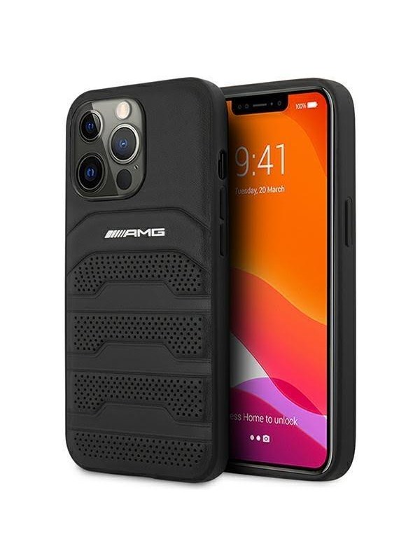 Mercedes AMG Leather Debossed Lines Case for iPhone 14 Pro - Black