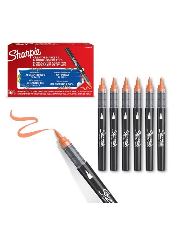 Sharpie Creative Marker Acrylic Paint Pens | Brush Tip Water-Based Paint Markers | Orange | 6 Count
