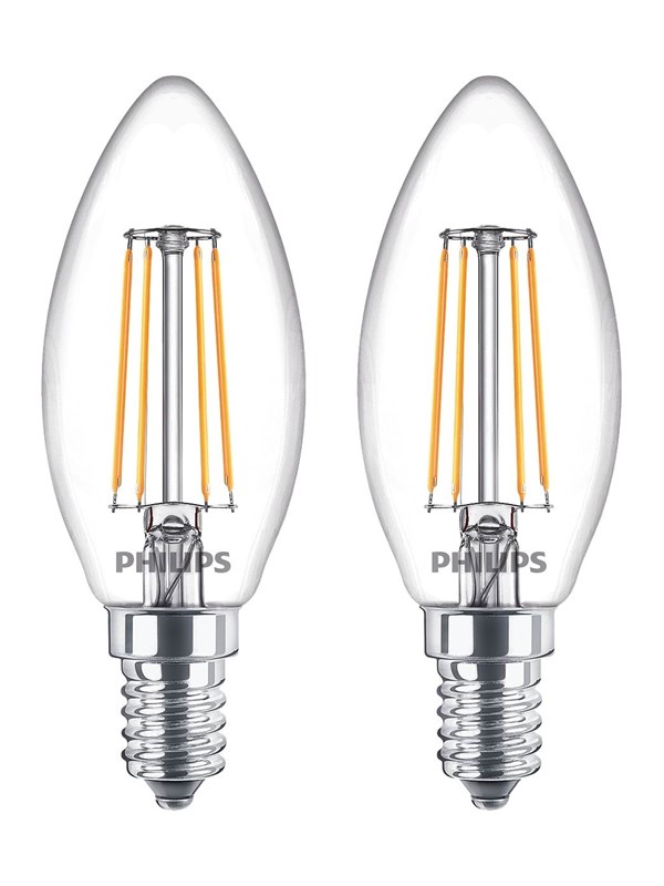 Philips LED-lyspære Classic Candle 4.3W/827 (40W) Clear 2-pack E14