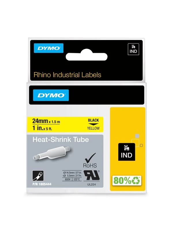 DYMO Rhino krympestrømpe, 12 mm x 1.5 m, sort på gul