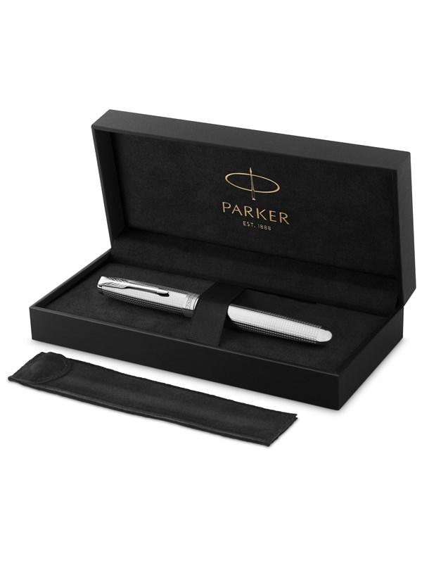 Parker Sonnet Ciselé Special Edition Fountain Pen Palladium Finish Cap .Barrel and Trims Medium  18k Solid Gold Nib Black Ink and Convertor