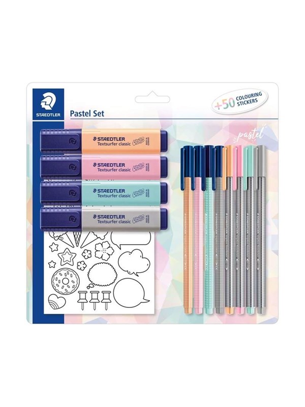 Staedtler Pastel set with 4 textsurfer classic 4 Triplus fineliners 4 Triplus color markers and stickers for coloring