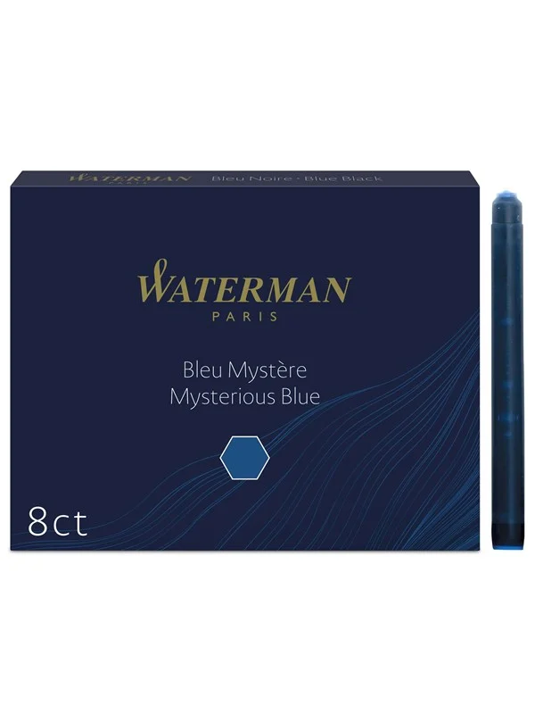 Waterman Fountain Pen Refill Ink Cartridges | Long Standard | Mysterious Blue | 8 Count