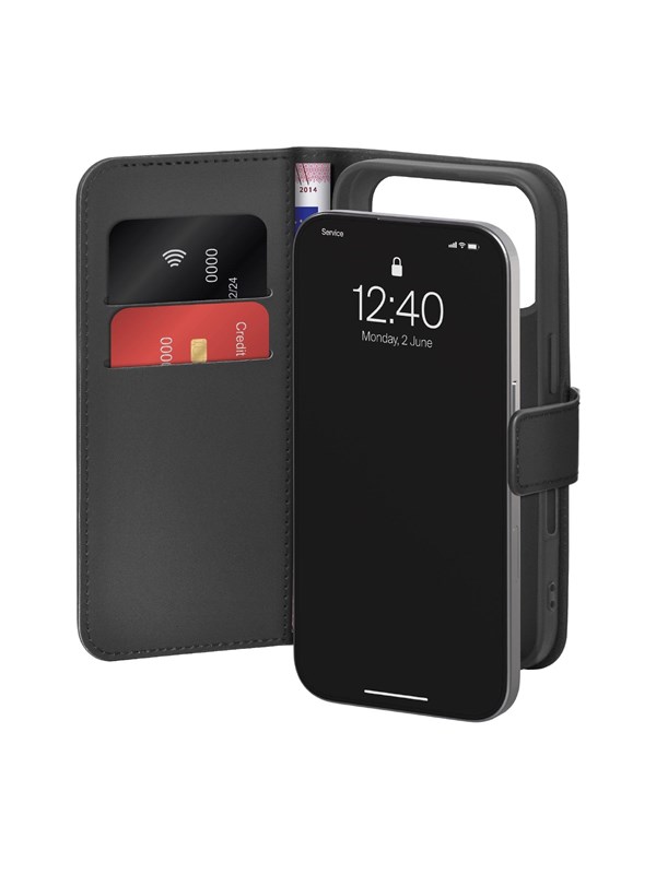 Puro Wallet Stand Case for iPhone 17 Pro Max Made of Eco-Leather with a Flap Wallet and Stand Function - Black