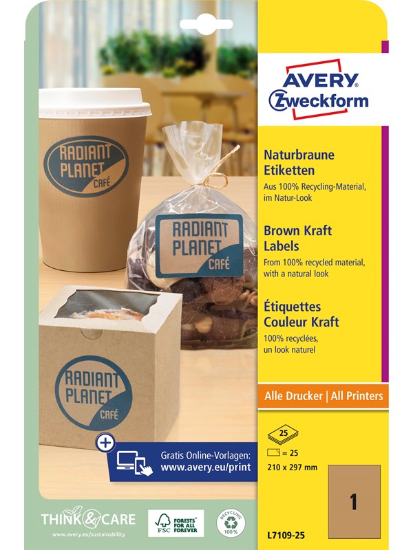 Avery Brunt kraftpapir-etiketter, 210 x 297 mm, 25 Etiketter, Brun