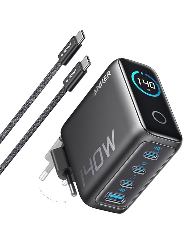 Anker Lader 140W med 4 porter og USB-C-kabel - Mørk grå
