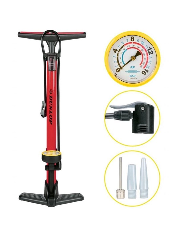 Dunlop - Floor pump for bikes balls mattresses with pressure gauge - Red
