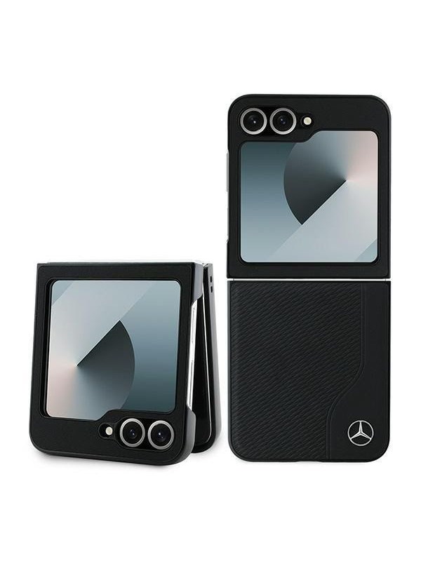 Mercedes Leather Wood Imitation MagSafe Case for Samsung Galaxy Z Flip 6 - Black