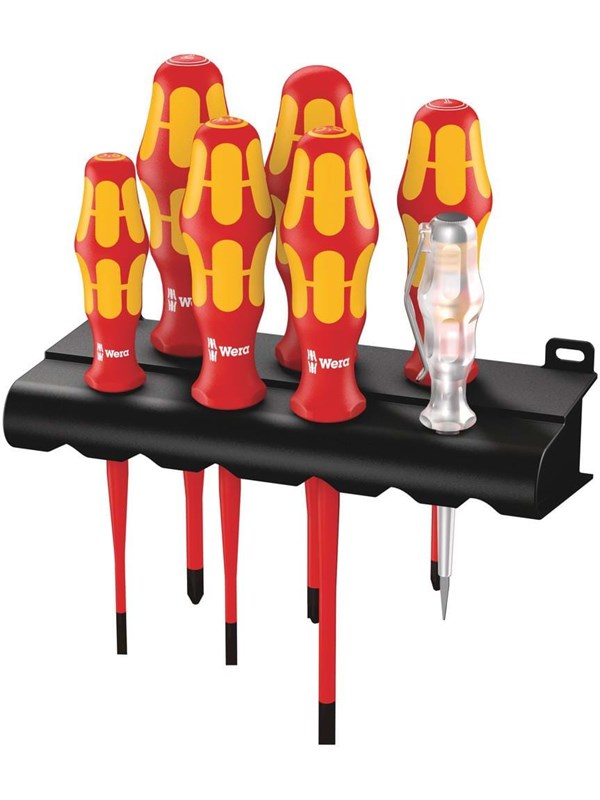 Wera 160 iS/7 Rack Screwdriver set Kraftform Plus Series 100 single-pole phase tester and rack. With reduced blade diameter 7 pieces