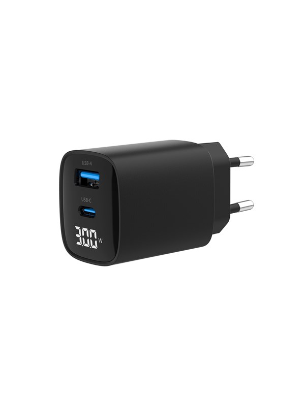 Gembird Universal GaN USB charger with LCD QC 3.0 & POD 30W 2-port - Black