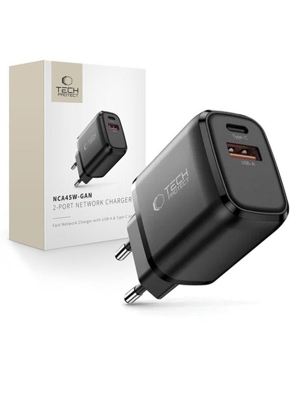 Tech-Protect NCA45W-GAN AC Charger 2-Ports USB-C / USB-A 45W - Black