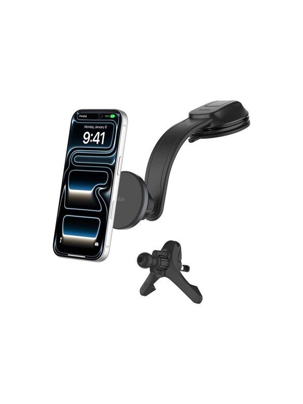 Belkin BoostCharge car wireless charging holder - magnetic with air vent and dash mount + car power adapter - 15 Watt