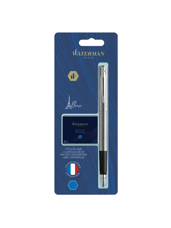 Waterman Allure Stainless Steel Fountain pen F Blue ink + ink refills 6-Pack