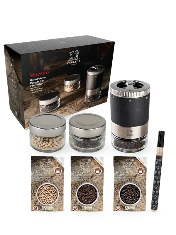 Peugeot Maestro gift box graphite + 3 glasses & 3 types of pepper