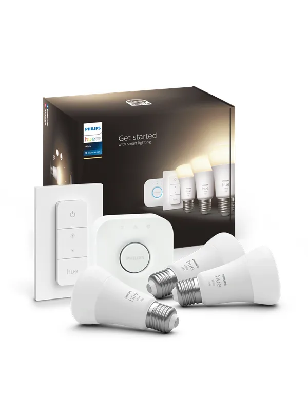 Philips Hue White startsett - 3x E27 A60-pærer + dimmerbryter + Hue Bridge