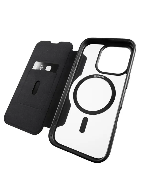 Puro Book Mag MagSafe Leather Case with Flap and Card Slot for iPhone 16 Pro Max - Black